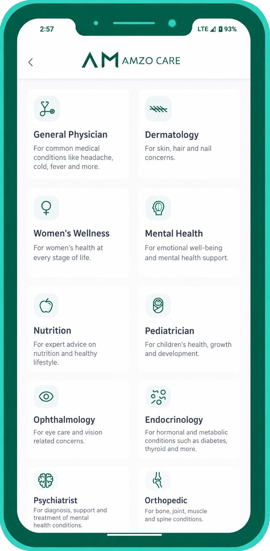 Amzo home screen in Amzo Care app